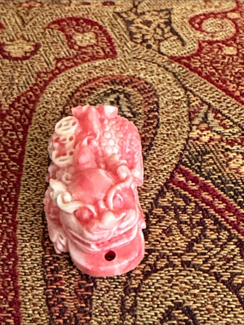 Pink Coral Hand-Carved Pixiu Foo Dog Pendant Necklace Charm